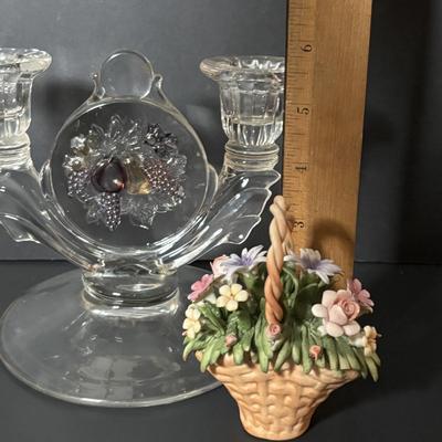 LOT 89: Home Decor Wall Sconces/Shelves & Still Life Print, Capodimonte Basket of Flowers,Glass Dual Light Candlestick/Holder...