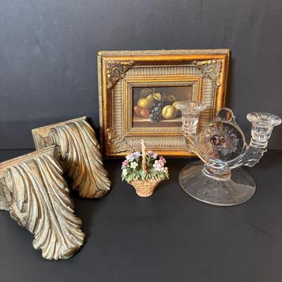 LOT 89: Home Decor Wall Sconces/Shelves & Still Life Print, Capodimonte Basket of Flowers,Glass Dual Light Candlestick/Holder...