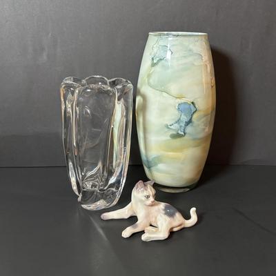 LOT 90: DJ Copenhagen Denmark Porcelain Cat, Orrefors Crystal Vase and Marbled Glass Vase
