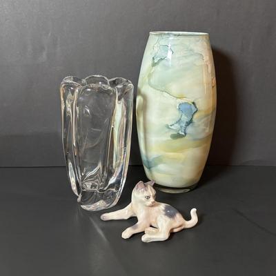 LOT 90: DJ Copenhagen Denmark Porcelain Cat, Orrefors Crystal Vase and Marbled Glass Vase