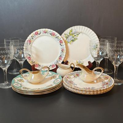 LOT 92: Royal Stafford & Queens Rosina China Co. Dessert Plates, 24k Hand Decorated Creamer/Sugar Bowl & More