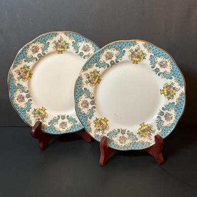 LOT 92: Royal Stafford & Queens Rosina China Co. Dessert Plates, 24k Hand Decorated Creamer/Sugar Bowl & More