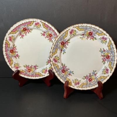 LOT 92: Royal Stafford & Queens Rosina China Co. Dessert Plates, 24k Hand Decorated Creamer/Sugar Bowl & More