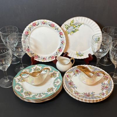 LOT 92: Royal Stafford & Queens Rosina China Co. Dessert Plates, 24k Hand Decorated Creamer/Sugar Bowl & More