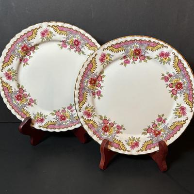 LOT 92: Royal Stafford & Queens Rosina China Co. Dessert Plates, 24k Hand Decorated Creamer/Sugar Bowl & More