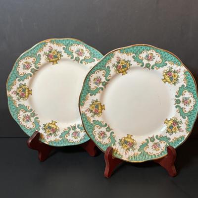 LOT 92: Royal Stafford & Queens Rosina China Co. Dessert Plates, 24k Hand Decorated Creamer/Sugar Bowl & More