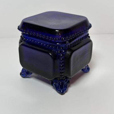 LOT 93: Colbalt Blue Collection: Westmoreland Small Footed Trinket Dish w/Lid, Hofbauer Brydes Three Footed Candy Dish & Home Decor...