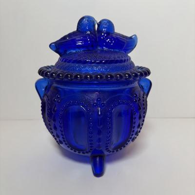 LOT 93: Colbalt Blue Collection: Westmoreland Small Footed Trinket Dish w/Lid, Hofbauer Brydes Three Footed Candy Dish & Home Decor...
