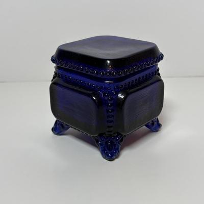 LOT 93: Colbalt Blue Collection: Westmoreland Small Footed Trinket Dish w/Lid, Hofbauer Brydes Three Footed Candy Dish & Home Decor...
