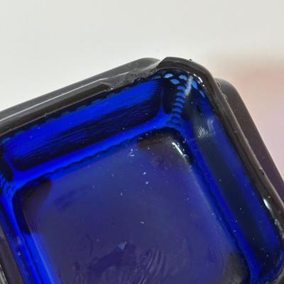 LOT 93: Colbalt Blue Collection: Westmoreland Small Footed Trinket Dish w/Lid, Hofbauer Brydes Three Footed Candy Dish & Home Decor...