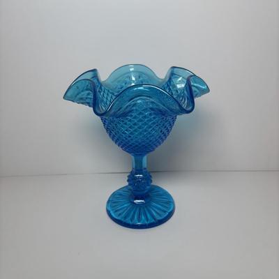 LOT 94 Vintage Blue Green Teal Art Glass Bowl & Colonial Blue Pedestal Bowl w/Ruffle Edge & Diamone Cut Pattern