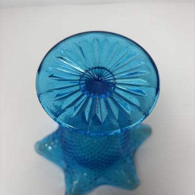 LOT 94 Vintage Blue Green Teal Art Glass Bowl & Colonial Blue Pedestal Bowl w/Ruffle Edge & Diamone Cut Pattern
