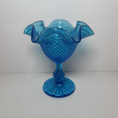 LOT 94 Vintage Blue Green Teal Art Glass Bowl & Colonial Blue Pedestal Bowl w/Ruffle Edge & Diamone Cut Pattern