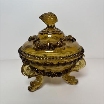 LOT 95: Beautiful Glass Argonaut Shell Footed Candy Dish and Teal Ruffled Bowl