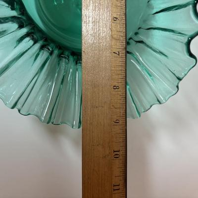 LOT 95: Beautiful Glass Argonaut Shell Footed Candy Dish and Teal Ruffled Bowl