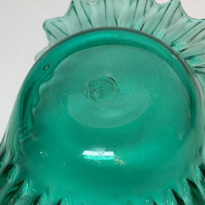 LOT 95: Beautiful Glass Argonaut Shell Footed Candy Dish and Teal Ruffled Bowl