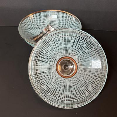 LOT 96: Collection of Uniqueness & Elegance Crystal: MCM Aqua Color Ribbed Textured Bowl w/Lid, Candle Sticks, Patterned Bowl