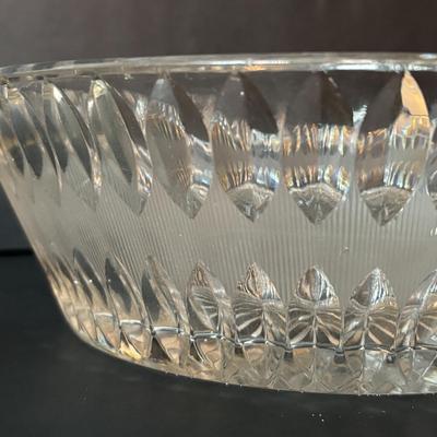 LOT 96: Collection of Uniqueness & Elegance Crystal: MCM Aqua Color Ribbed Textured Bowl w/Lid, Candle Sticks, Patterned Bowl