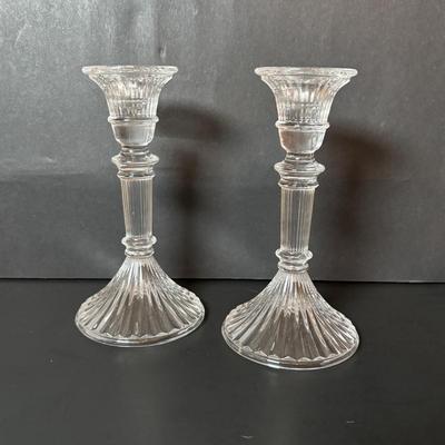 LOT 96: Collection of Uniqueness & Elegance Crystal: MCM Aqua Color Ribbed Textured Bowl w/Lid, Candle Sticks, Patterned Bowl