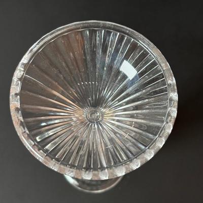 LOT 96: Collection of Uniqueness & Elegance Crystal: MCM Aqua Color Ribbed Textured Bowl w/Lid, Candle Sticks, Patterned Bowl