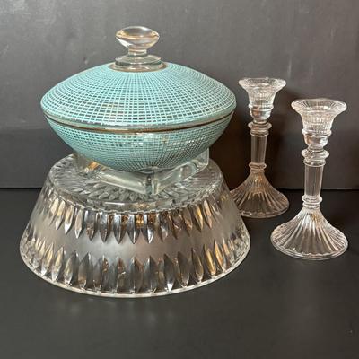 LOT 96: Collection of Uniqueness & Elegance Crystal: MCM Aqua Color Ribbed Textured Bowl w/Lid, Candle Sticks, Patterned Bowl
