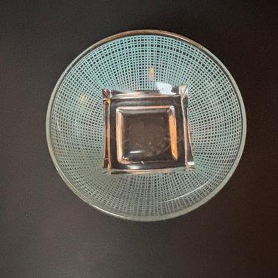 LOT 96: Collection of Uniqueness & Elegance Crystal: MCM Aqua Color Ribbed Textured Bowl w/Lid, Candle Sticks, Patterned Bowl