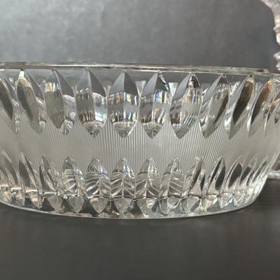 LOT 96: Collection of Uniqueness & Elegance Crystal: MCM Aqua Color Ribbed Textured Bowl w/Lid, Candle Sticks, Patterned Bowl