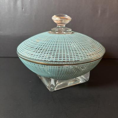 LOT 96: Collection of Uniqueness & Elegance Crystal: MCM Aqua Color Ribbed Textured Bowl w/Lid, Candle Sticks, Patterned Bowl