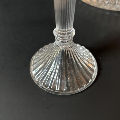 LOT 96: Collection of Uniqueness & Elegance Crystal: MCM Aqua Color Ribbed Textured Bowl w/Lid, Candle Sticks, Patterned Bowl