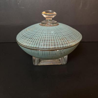 LOT 96: Collection of Uniqueness & Elegance Crystal: MCM Aqua Color Ribbed Textured Bowl w/Lid, Candle Sticks, Patterned Bowl