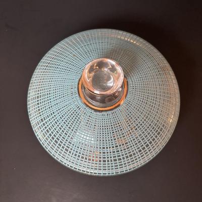 LOT 96: Collection of Uniqueness & Elegance Crystal: MCM Aqua Color Ribbed Textured Bowl w/Lid, Candle Sticks, Patterned Bowl