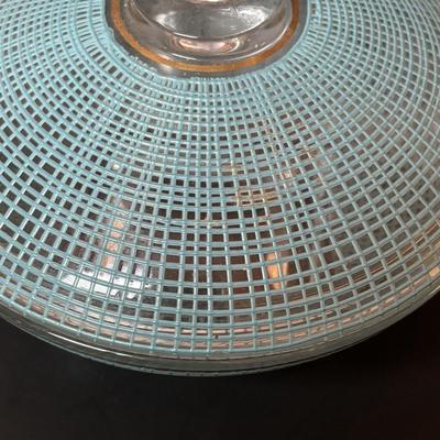 LOT 96: Collection of Uniqueness & Elegance Crystal: MCM Aqua Color Ribbed Textured Bowl w/Lid, Candle Sticks, Patterned Bowl