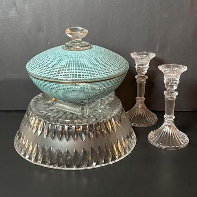 LOT 96: Collection of Uniqueness & Elegance Crystal: MCM Aqua Color Ribbed Textured Bowl w/Lid, Candle Sticks, Patterned Bowl