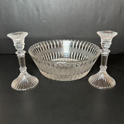 LOT 96: Collection of Uniqueness & Elegance Crystal: MCM Aqua Color Ribbed Textured Bowl w/Lid, Candle Sticks, Patterned Bowl