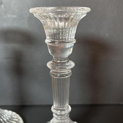 LOT 96: Collection of Uniqueness & Elegance Crystal: MCM Aqua Color Ribbed Textured Bowl w/Lid, Candle Sticks, Patterned Bowl