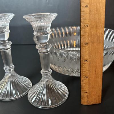 LOT 96: Collection of Uniqueness & Elegance Crystal: MCM Aqua Color Ribbed Textured Bowl w/Lid, Candle Sticks, Patterned Bowl