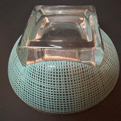 LOT 96: Collection of Uniqueness & Elegance Crystal: MCM Aqua Color Ribbed Textured Bowl w/Lid, Candle Sticks, Patterned Bowl