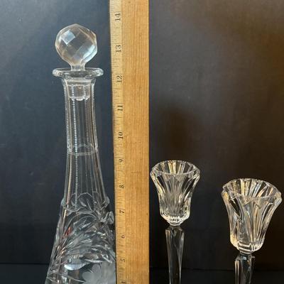 LOT 97: Vintage Footed Cranberry Glass Bowl along with Crystal Candle Sticks & Decanter