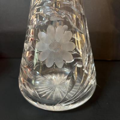 LOT 97: Vintage Footed Cranberry Glass Bowl along with Crystal Candle Sticks & Decanter