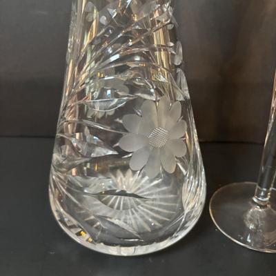 LOT 97: Vintage Footed Cranberry Glass Bowl along with Crystal Candle Sticks & Decanter