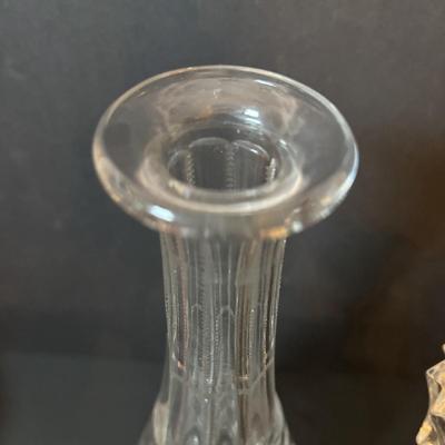 LOT 97: Vintage Footed Cranberry Glass Bowl along with Crystal Candle Sticks & Decanter