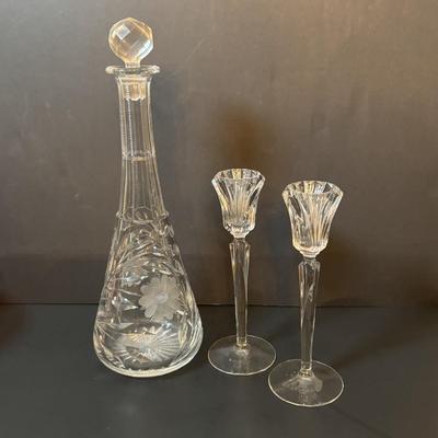 LOT 97: Vintage Footed Cranberry Glass Bowl along with Crystal Candle Sticks & Decanter