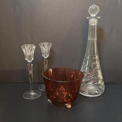 LOT 97: Vintage Footed Cranberry Glass Bowl along with Crystal Candle Sticks & Decanter