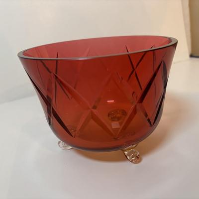 LOT 97: Vintage Footed Cranberry Glass Bowl along with Crystal Candle Sticks & Decanter