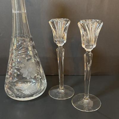 LOT 97: Vintage Footed Cranberry Glass Bowl along with Crystal Candle Sticks & Decanter