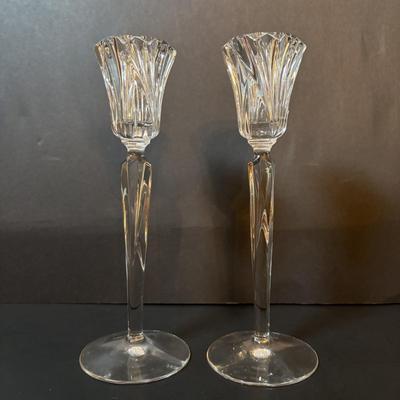 LOT 97: Vintage Footed Cranberry Glass Bowl along with Crystal Candle Sticks & Decanter