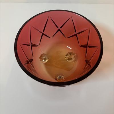 LOT 97: Vintage Footed Cranberry Glass Bowl along with Crystal Candle Sticks & Decanter