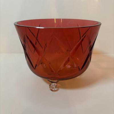 LOT 97: Vintage Footed Cranberry Glass Bowl along with Crystal Candle Sticks & Decanter