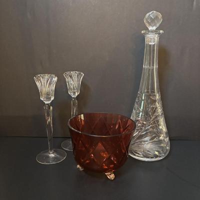 LOT 97: Vintage Footed Cranberry Glass Bowl along with Crystal Candle Sticks & Decanter