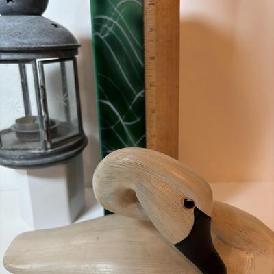 LOT 99: MCM Studio Art Glass Spaghetti String Green Artisan Vase, Wooden Resting Swan 1986 The Boyds Collection & Votive Candle Lantern